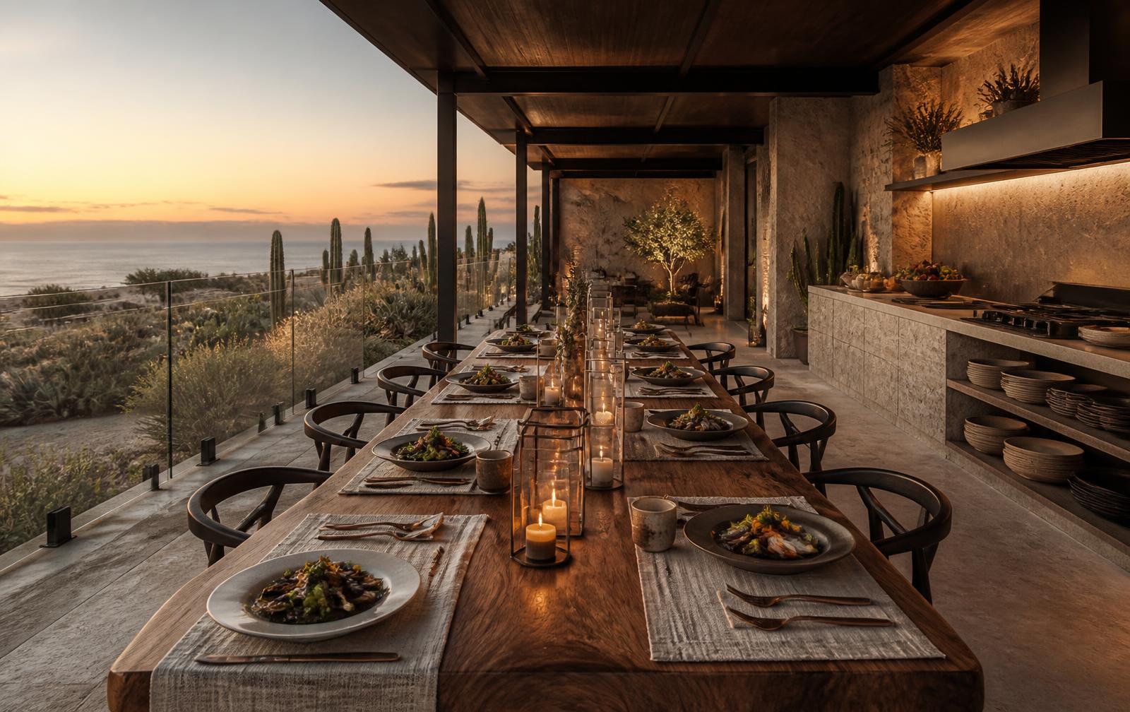Open-air chef's table set with plant-forward dishes at dusk