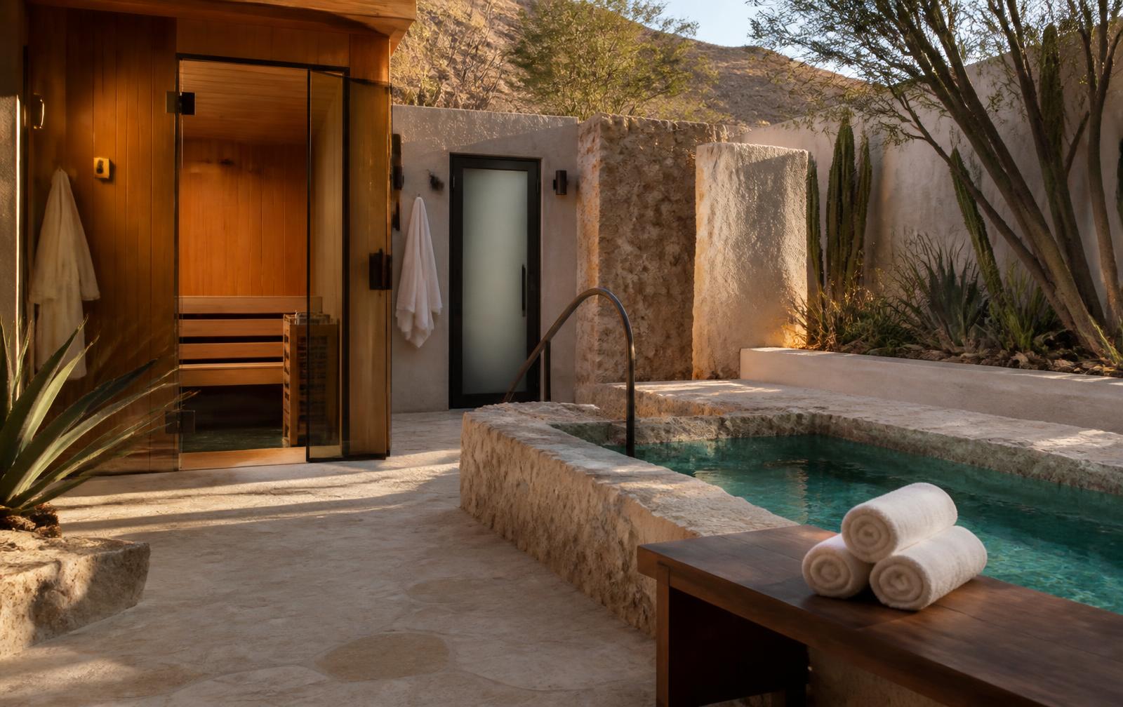 Recovery court with a stone cold plunge, cedar sauna and steam room
