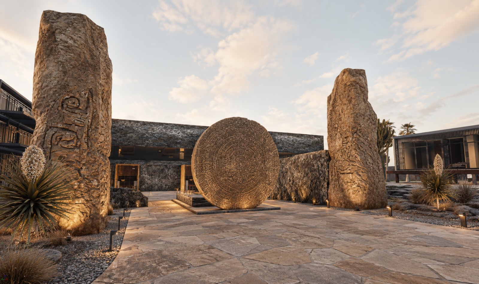 Courtyard with carved stone monoliths around a central stone disk