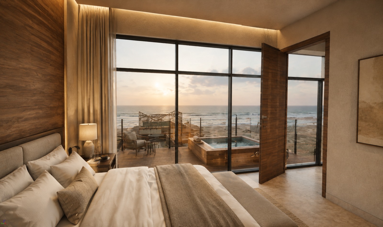 Suite interior with floor-to-ceiling glazing onto a private deck, plunge pool and ocean view