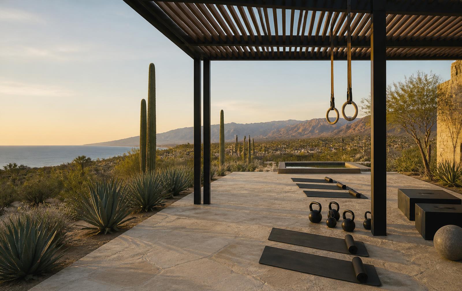 Shaded open-air movement terrace in warm limestone, with the sierra and ocean beyond