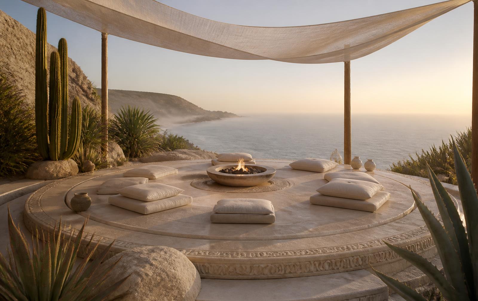 Circular stone reflection deck with linen cushions and a low fire bowl at sunrise