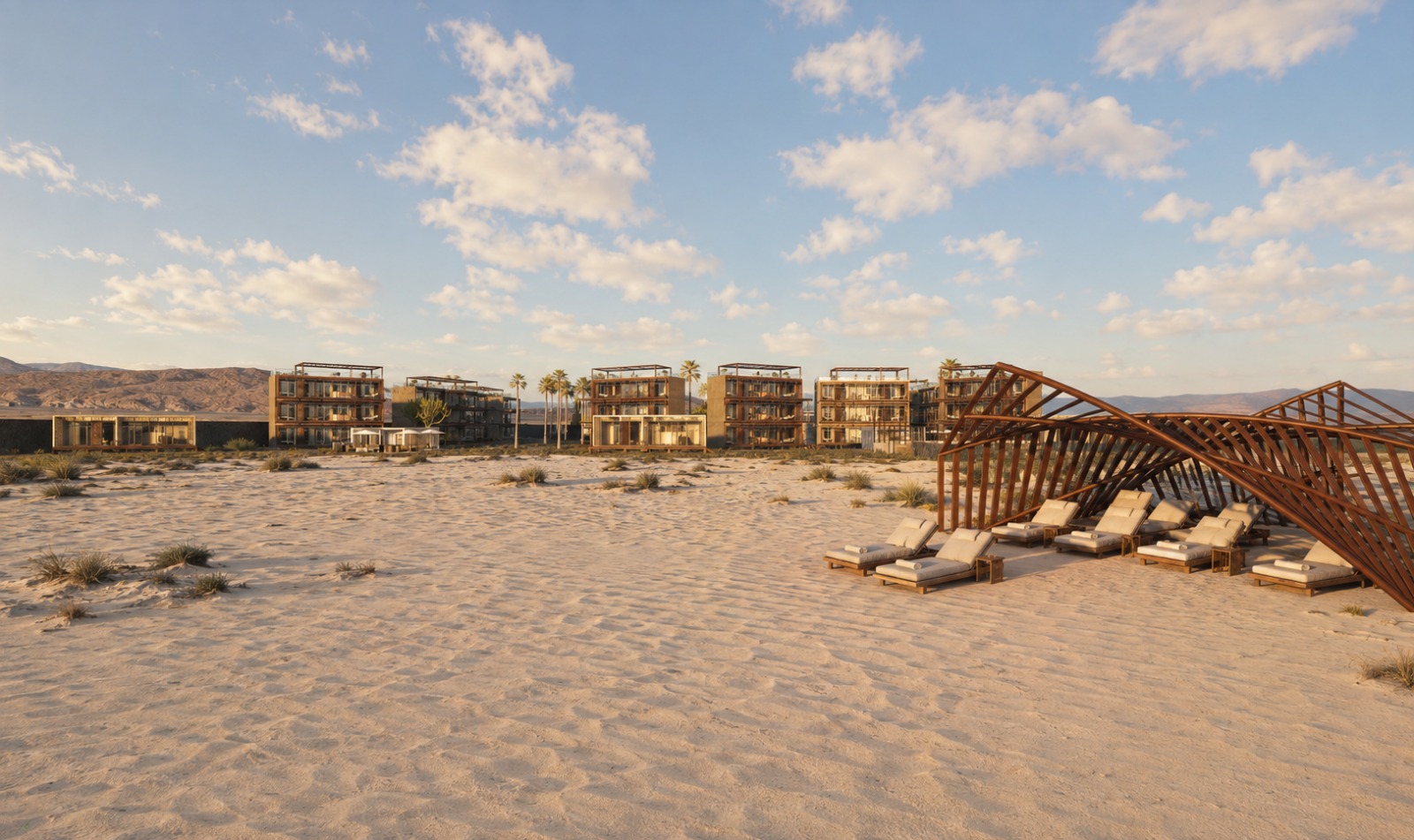 Low-density wood and stone pavilions on pale sand beside the beach