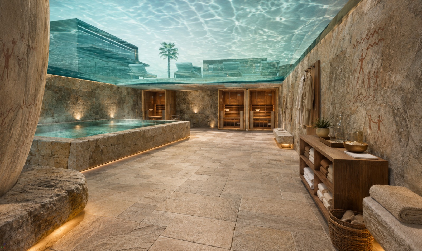 Spa interior with a submerged stone pool seen through glazing at water level