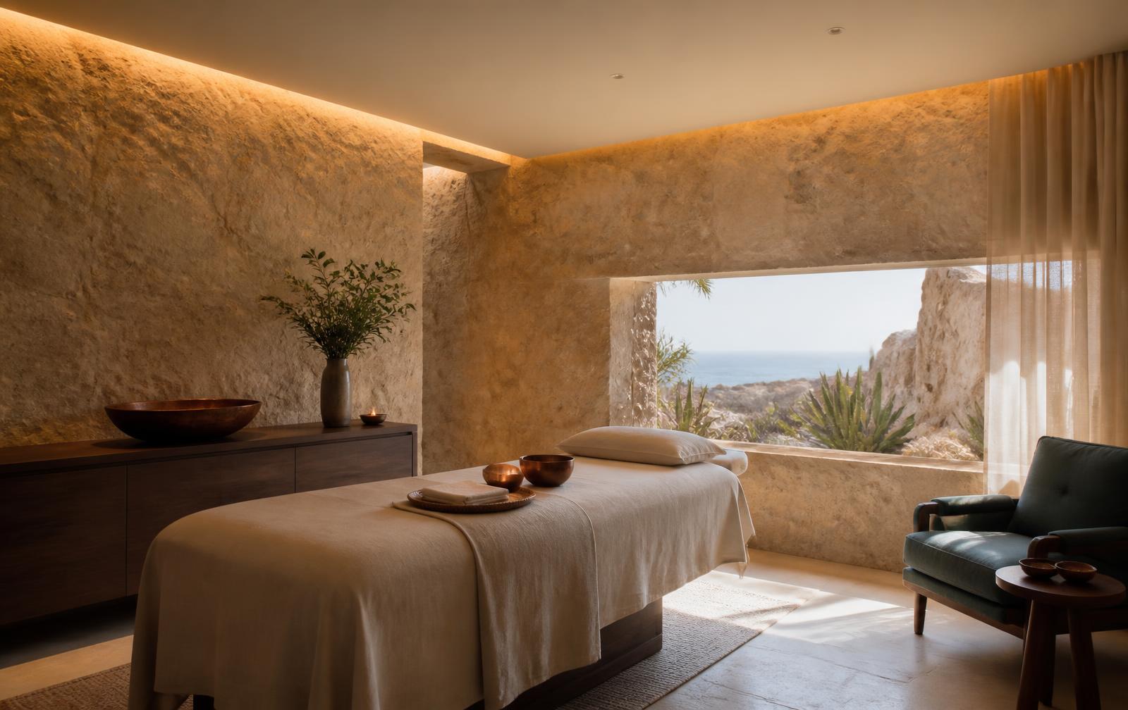 Private treatment room in travertine stone with a single linen-dressed table