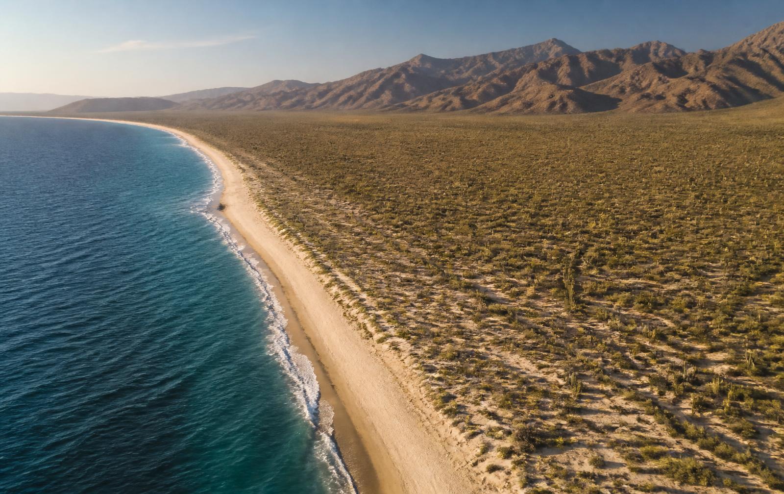 Aerial view of the Baja California Sur coast, with the Pacific Ocean meeting desert plain and distant sierra ridgelines