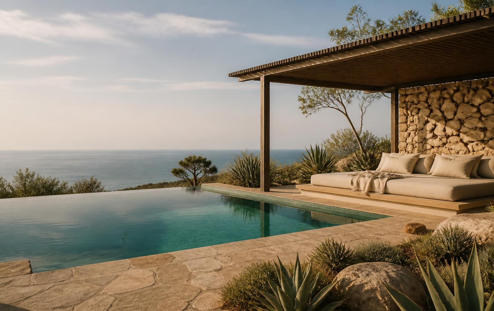 Still water pool edged in warm stone with linen daybed under a slatted wood shade structure, ocean beyond