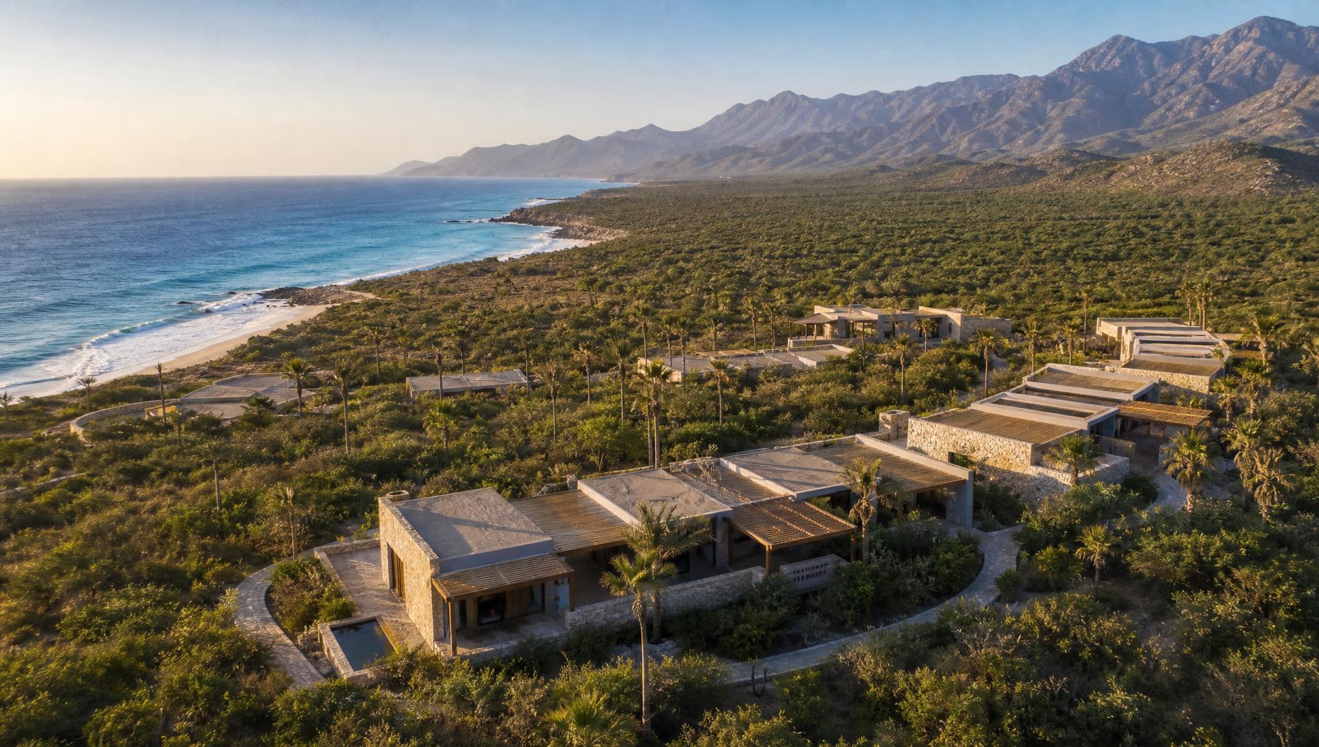 Aerial render of Holón nestled between the Pacific Ocean and the Sierra de la Laguna mountains in Baja California Sur