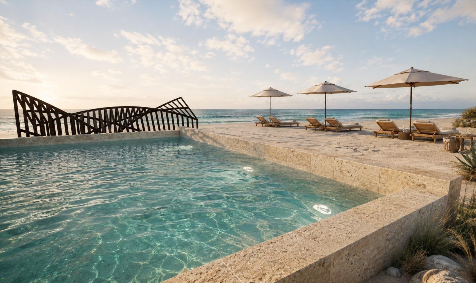 Render of the beachfront wellness pool and shaded deck at Holón