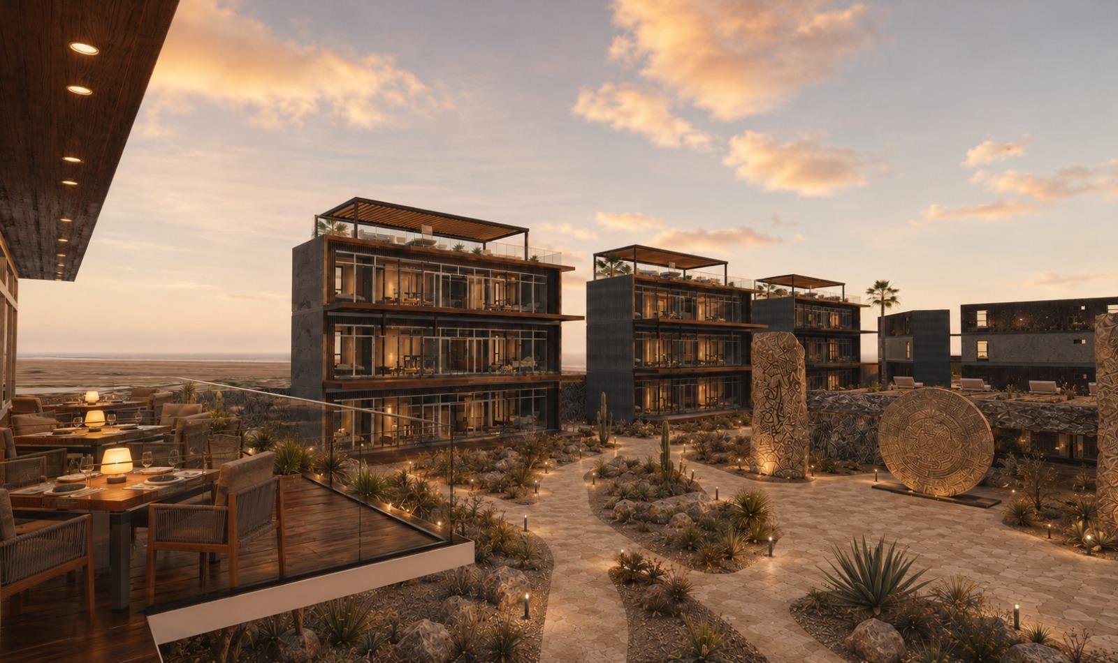 Render of the three Holón residential towers at dusk