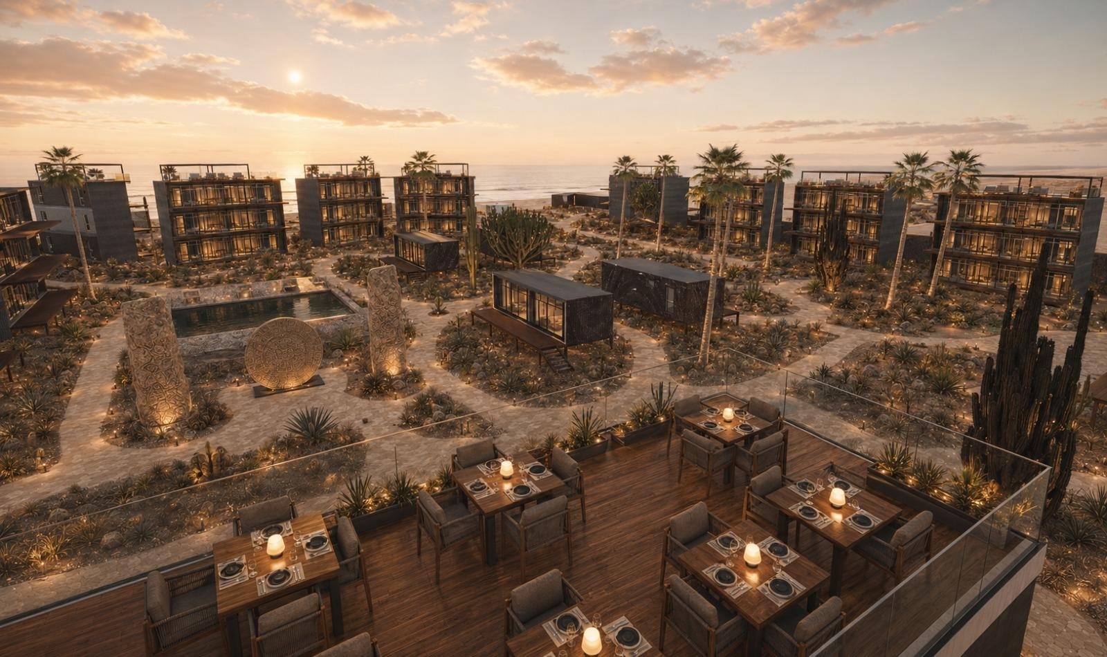 Render of the rooftop terrace and dining area at sunset