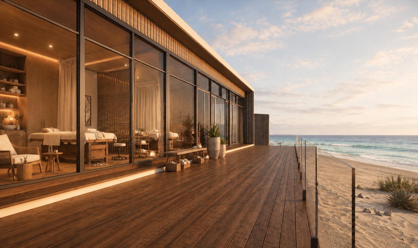 Render of the spa deck and beachfront wellness terrace
