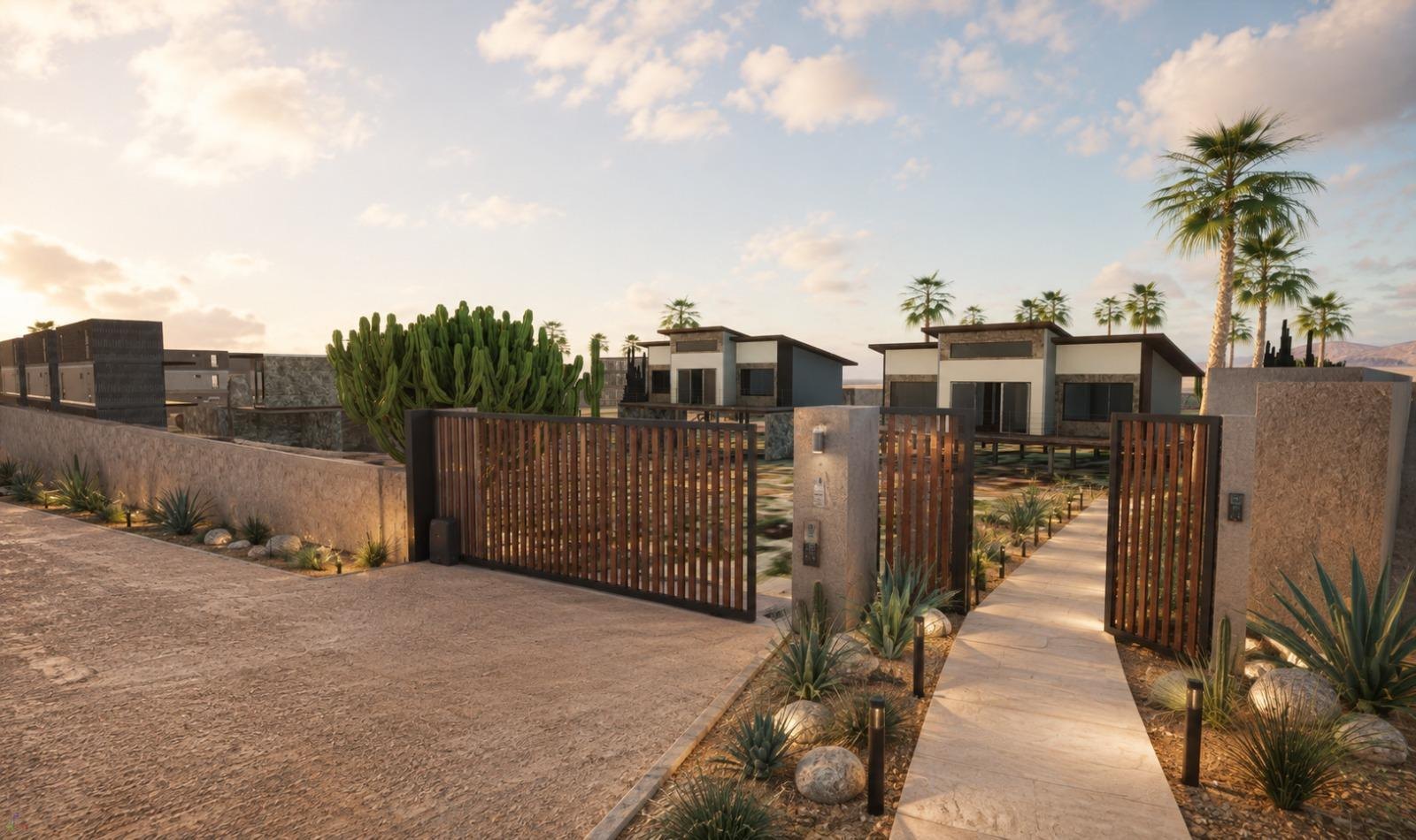 Render of the gated entrance and landscaped approach to Holón
