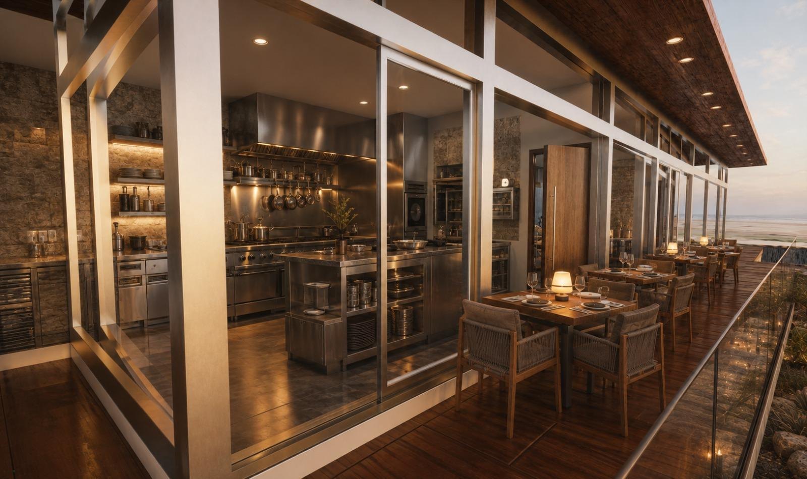 Render of the rooftop restaurant and functional gastronomy kitchen