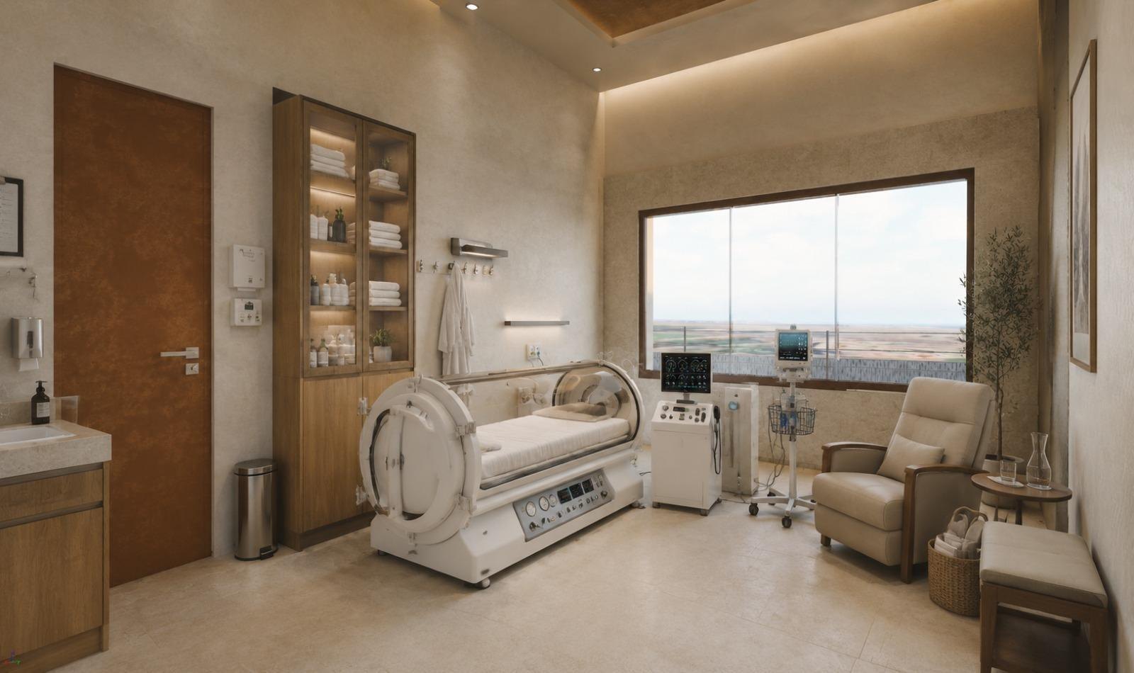 Render of the biohacking suite with hyperbaric chamber